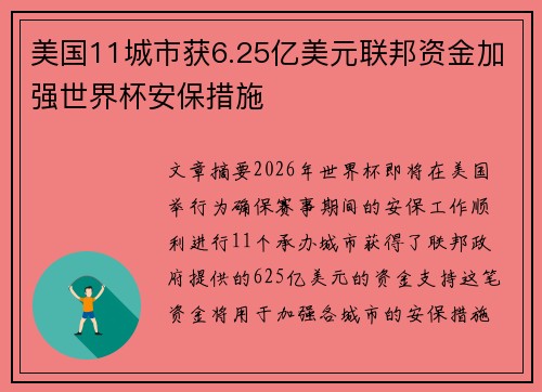 美国11城市获6.25亿美元联邦资金加强世界杯安保措施